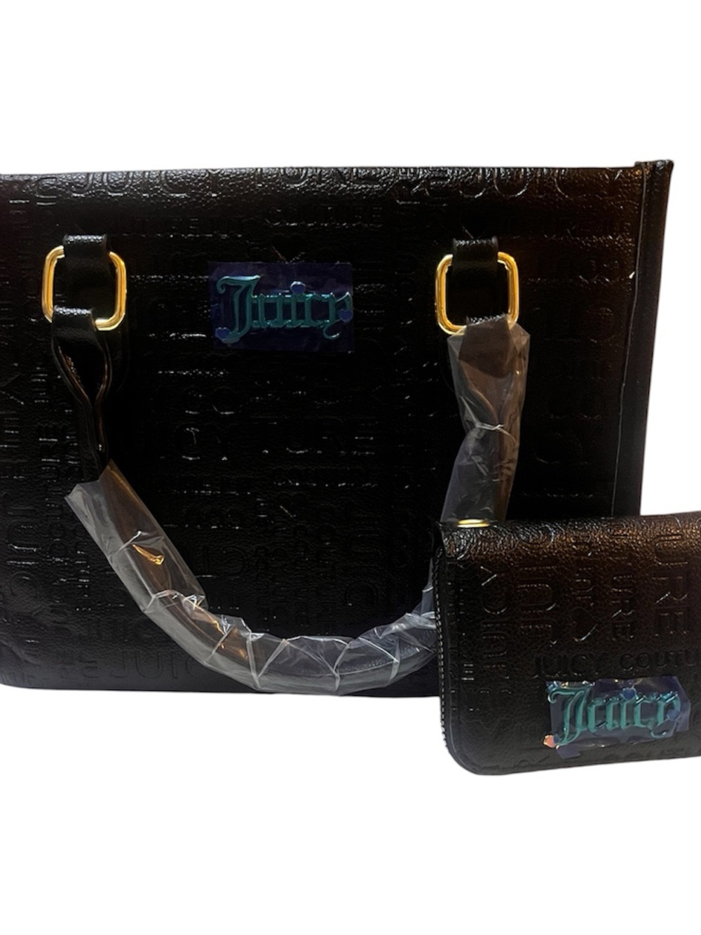 Juicy Couture Black Embossed Tote with Matching Wallet and Gold Hardware
